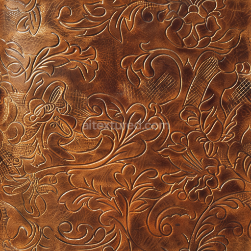 Seamless 3D PBR embossed floral pattern brown leather texture with rich vintage finish