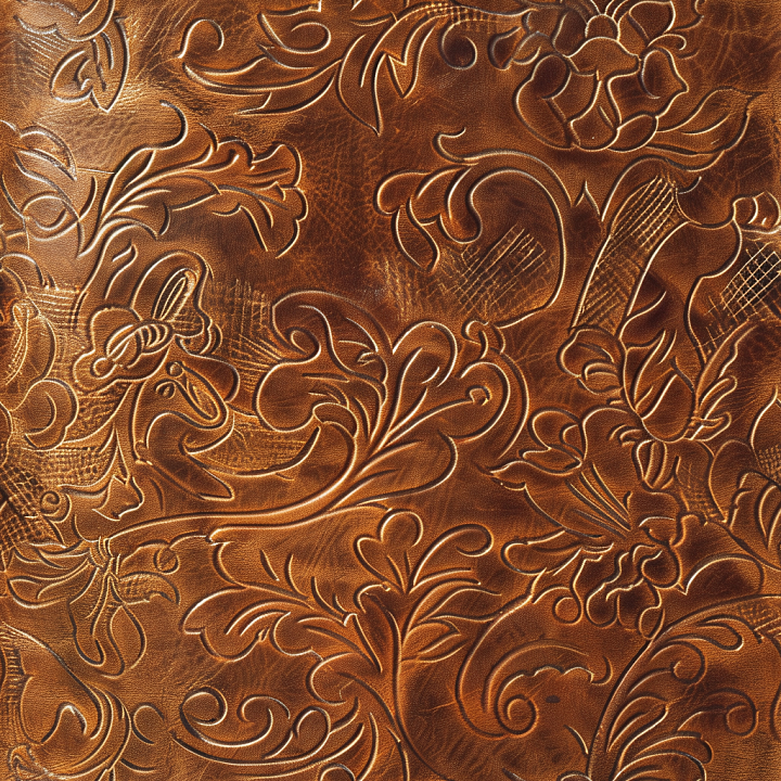 Embossed Floral Pattern Brown Leather With Rich Vintage Finish seamless PBR texture preview