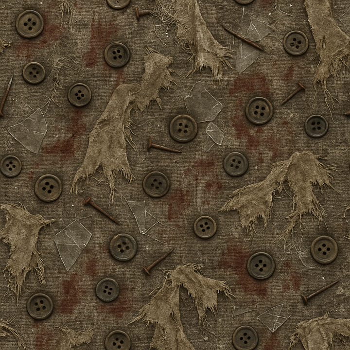 Spooky Doll Fabric With Creepy Doll Fabric And Old Buttons seamless PBR texture preview