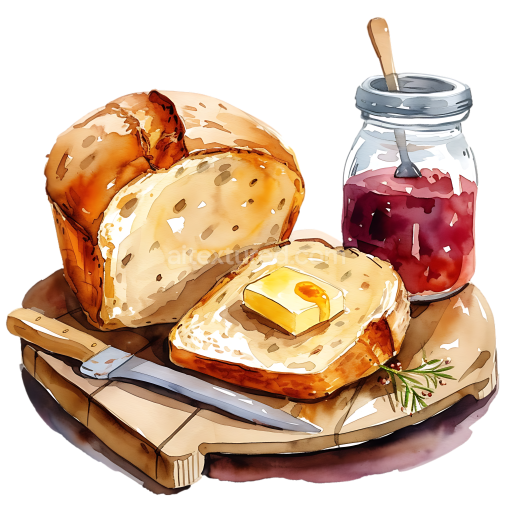 Irish Soda Bread Breakfast with Butter and Jam Watercolor Illustration