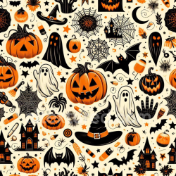 seamless Seamless 3D PBR Texture Featuring Vintage Halloween Icons in Orange & Black texture 8k free download PBR