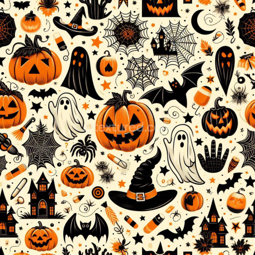 Seamless 3D PBR Texture Featuring Vintage Halloween Icons in Orange & Black