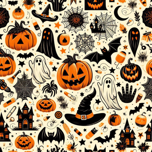 Featuring Vintage Halloween Icons in Orange & Black seamless Vintage Halloween PBR texture