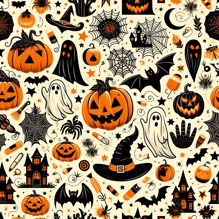 Featuring Vintage Halloween Icons in Orange & Black seamless PBR texture preview