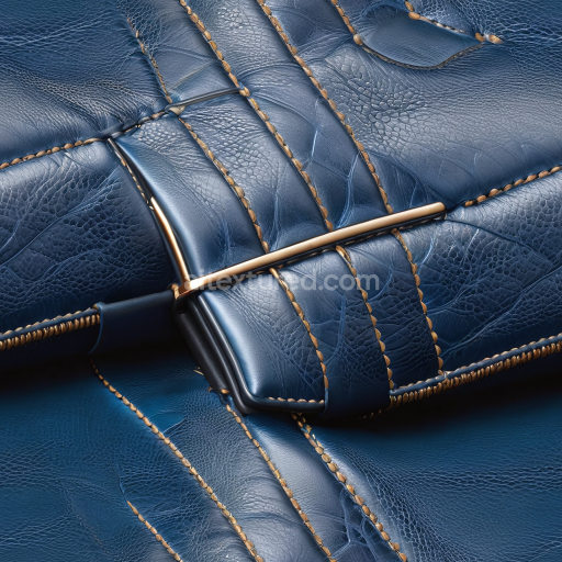 Seamless 3D Blue Crocodile Grain Leather PBR Texture with Detailed Stitching and Metallic Accents