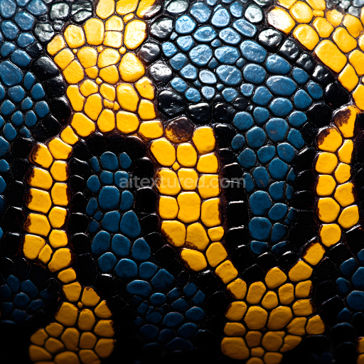 Seamless 3D Reptilian Skin PBR Texture Featuring Vibrant Yellow and Blue Scales