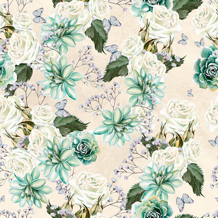 Floral Fabric with Pastel Roses and Succulents seamless PBR texture preview