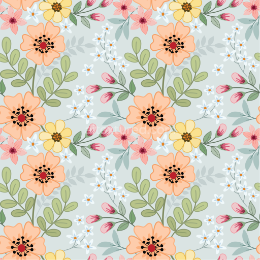 Seamless 3D PBR Texture of Pastel Floral Fabric Pattern with Leaves and Buds