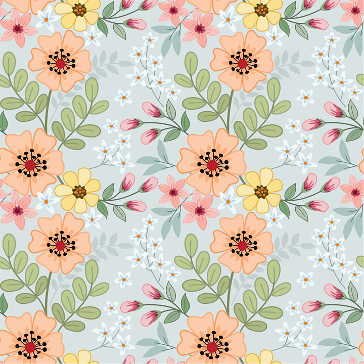 Pastel Floral Fabric Pattern with Leaves and Buds seamless PBR texture preview