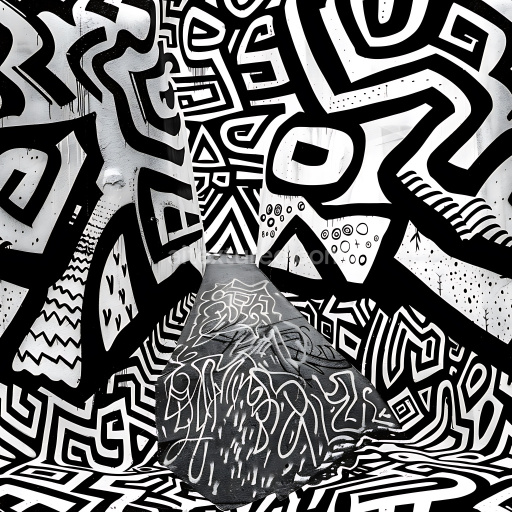 Seamless 3D PBR texture of bold black and white graffiti with abstract tribal patterns