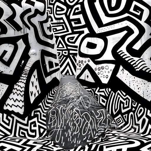 Seamless 3D PBR texture of bold black and white graffiti with abstract tribal patterns texture preview