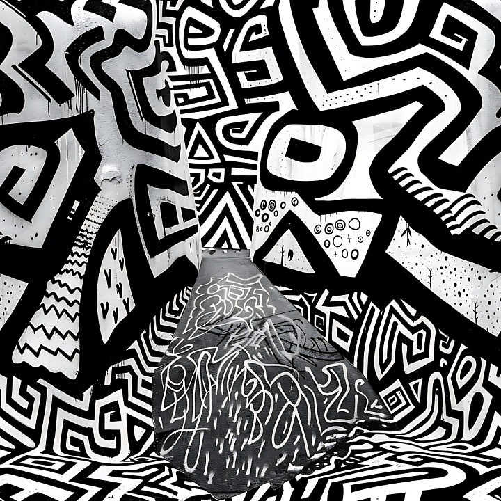 Of Bold Black And White Graffiti With Abstract Tribal Patterns seamless PBR texture preview