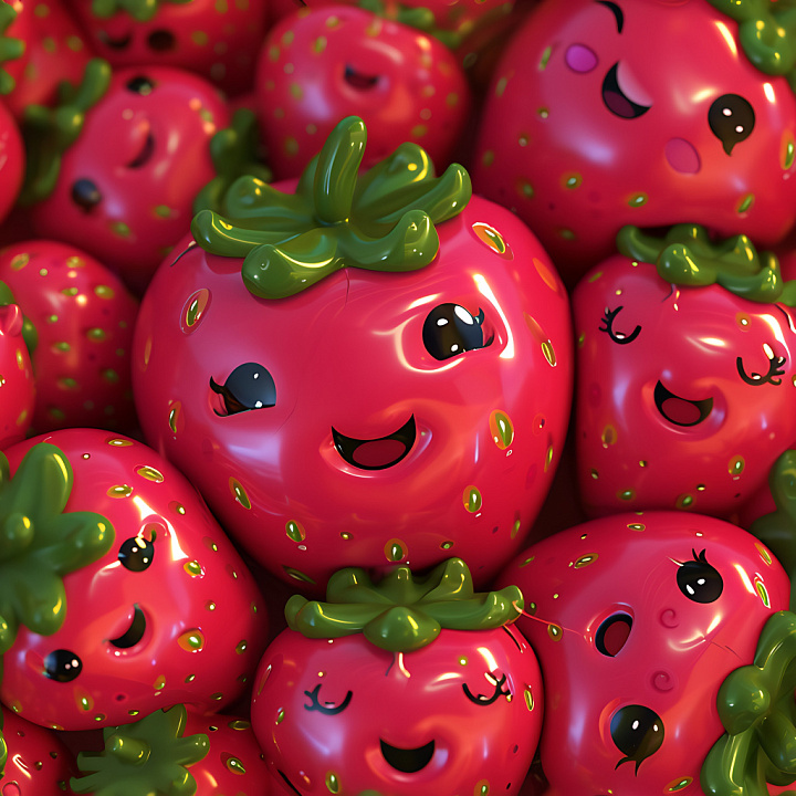 Inflated of Glossy Vinyl Strawberries with Smiling Faces seamless PBR texture preview