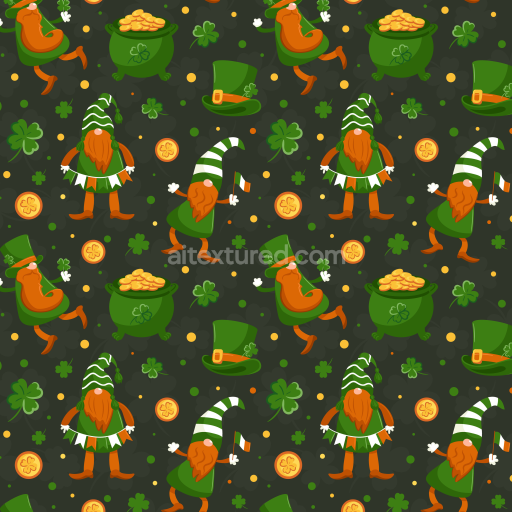 Seamless 3D PBR texture of St Patrick digital paper with gnomes and shamrocks