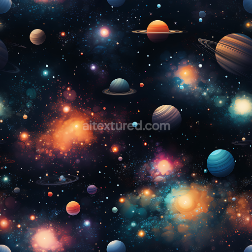 Seamless 3D Space PBR Texture Featuring Vibrant Galaxy Clouds and Diverse Planets