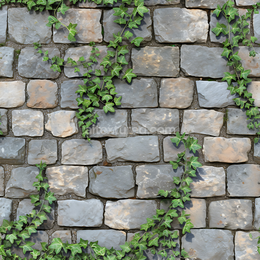 Seamless 3D Weathered Stone Wall PBR Texture with Ivy Vines