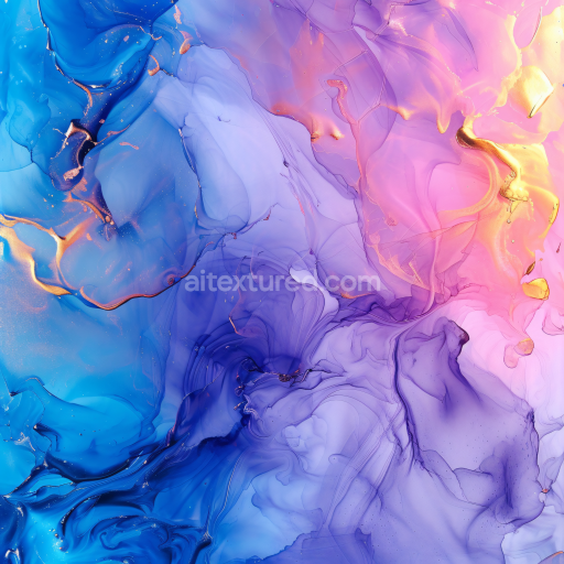 Seamless 3D Alcohol Ink PBR Texture Featuring Vibrant Blue, Purple, and Gold Fluid Swirls