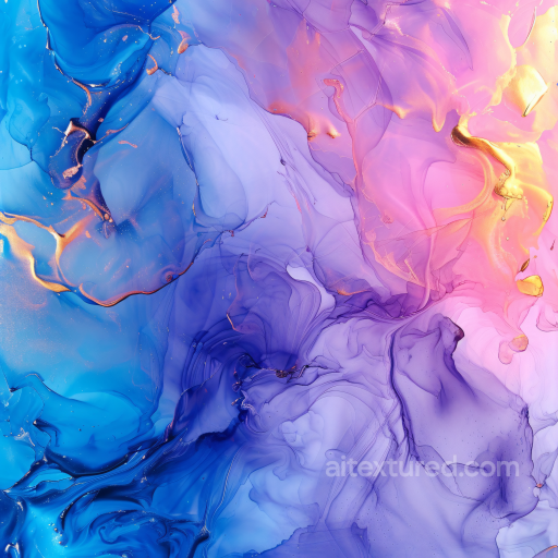 Alcohol Ink PBR Texture Featuring Vibrant Blue, Purple, and Gold Fluid Swirls seamless Alcohol ink PBR texture