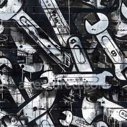 seamless Seamless 3D PBR Texture Featuring Black & White Graffiti with Wrenches and Tools texture 8k free download PBR