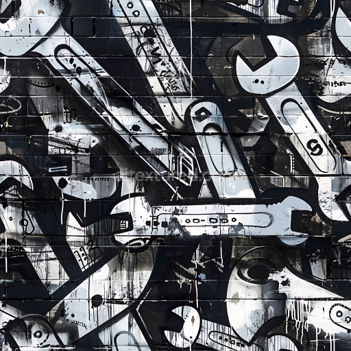 Seamless 3D PBR Texture Featuring Black & White Graffiti with Wrenches and Tools