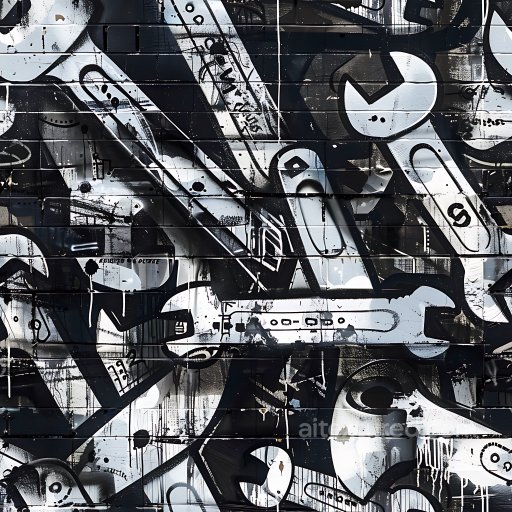Seamless 3D PBR Texture Featuring Black & White Graffiti with Wrenches and Tools texture preview
