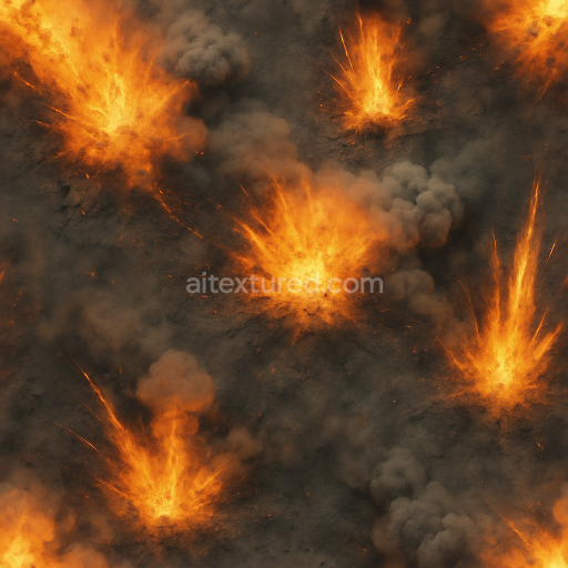 Seamless 8k PBR 3d texture of blast damage with ignition source and burn marks details