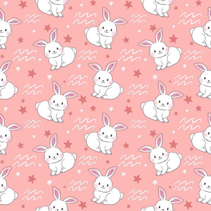 Pattern Featuring Cute White Bunnies and Playful Stars on Pink seamless PBR texture preview