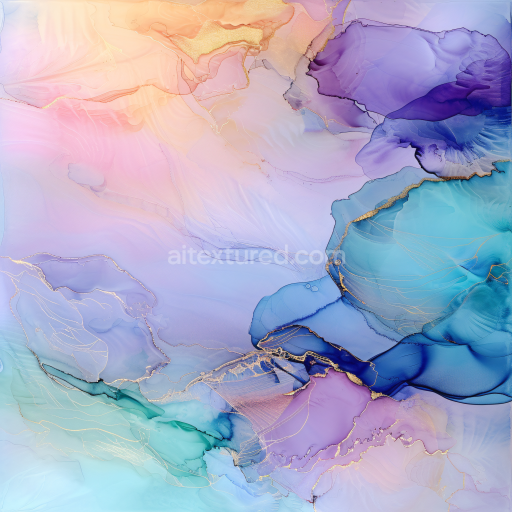 Seamless 3D Alcohol Ink PBR Texture Featuring Pastel Swirls and Gold Veins