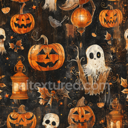 seamless Seamless 3D PBR Texture Featuring Vintage Halloween Pumpkins, Ghosts & Lanterns texture 8k free download PBR