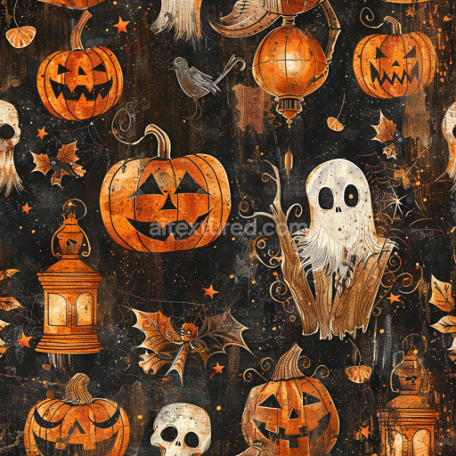 Preview — Seamless 3D PBR Texture Featuring Vintage Halloween Pumpkins, Ghosts & Lanterns