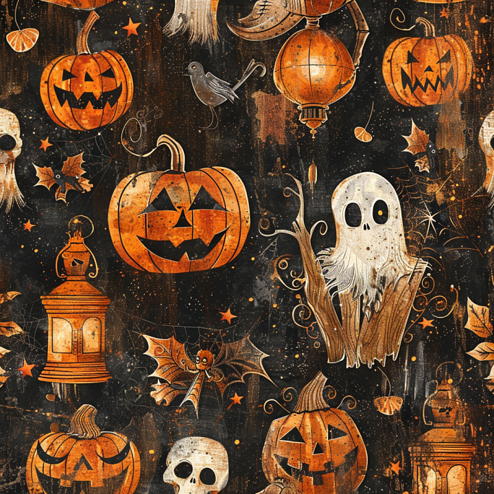 Featuring Vintage Halloween Pumpkins, Ghosts & Lanterns seamless PBR texture preview