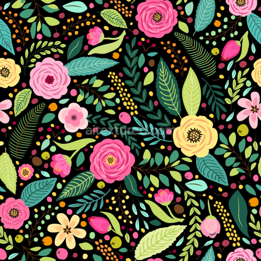 Seamless 3D PBR Floral Texture with Colorful Hand-Drawn Flowers and Leaves