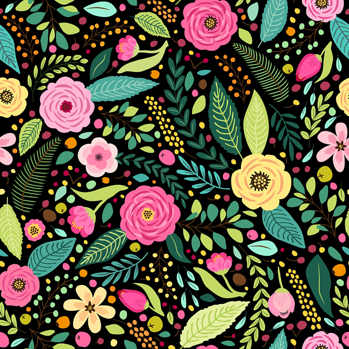 Floral with Colorful Hand-Drawn Flowers and Leaves seamless PBR texture preview