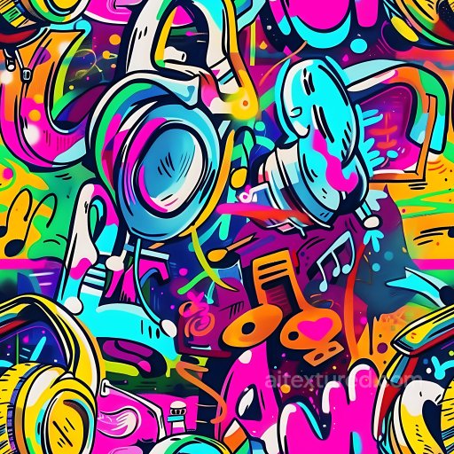 Seamless 3D PBR Graffiti Texture Featuring Colorful Headphones and Musical Motifs texture preview