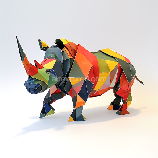 Seamless 3D PBR Texture Featuring Colorful Origami-Style Black Rhinoceros Pattern