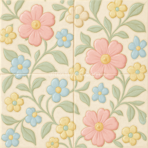 Seamless 3d texture pbr 8k glazed ceramic mosaic with floral motifs and pastel palette