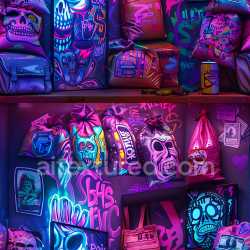 seamless Seamless 3D PBR Graffiti Texture Featuring Neon Skull Art and Vivid Urban Tags texture 8k free download PBR