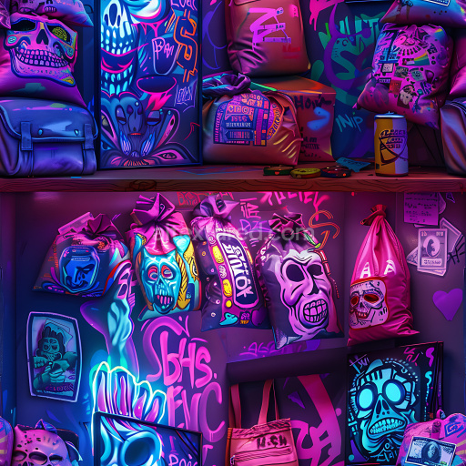 Seamless 3D PBR Graffiti Texture Featuring Neon Skull Art and Vivid Urban Tags