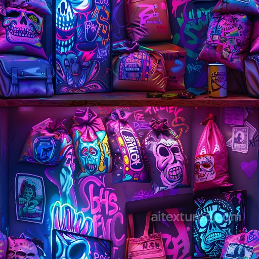 Seamless 3D PBR Graffiti Texture Featuring Neon Skull Art and Vivid Urban Tags texture preview
