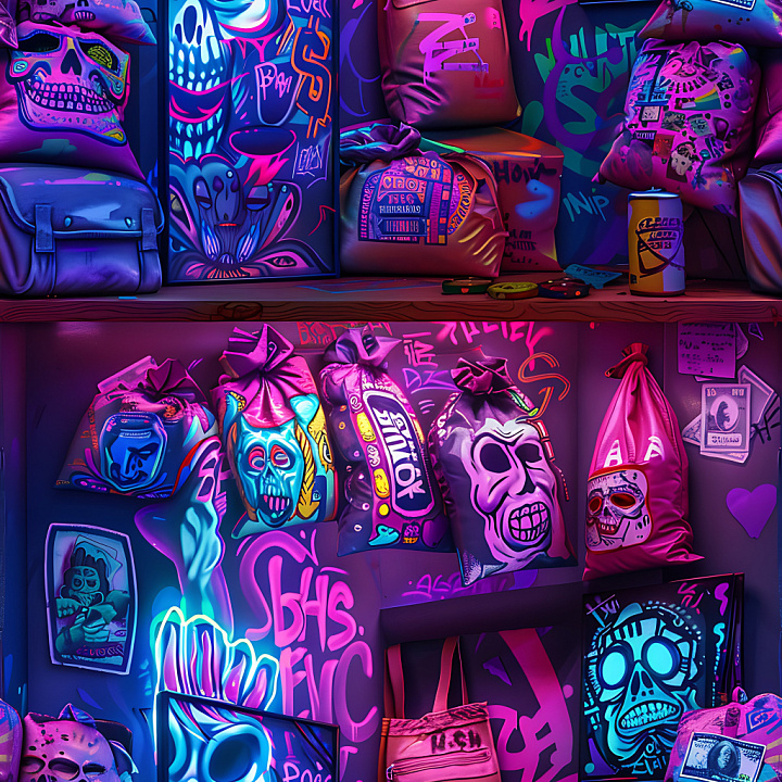Graffiti Featuring Neon Skull Art and Vivid Urban Tags seamless PBR texture preview