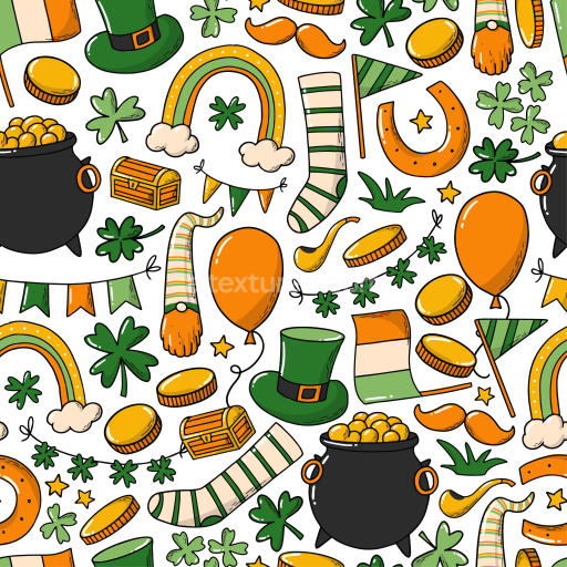 Seamless 3D PBR St Patrick Cartoon Pattern Texture with Lucky Symbols