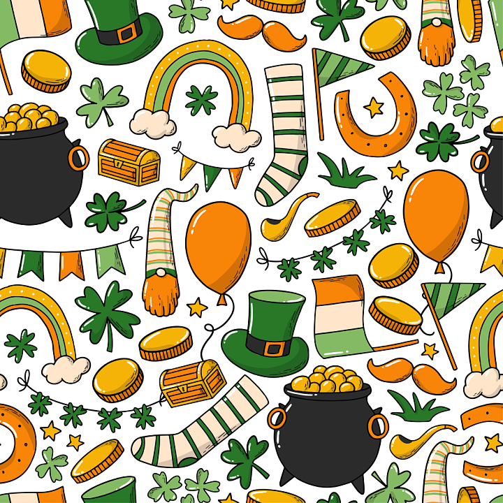 St Patrick Cartoon Pattern with Lucky Symbols seamless PBR texture preview