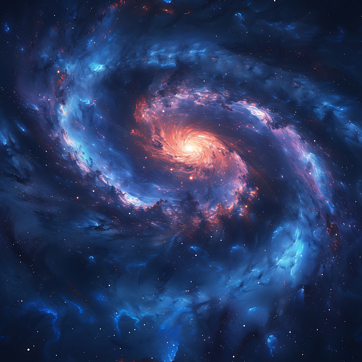 Space Featuring a Spiral Galaxy with Blue and Orange Nebula Clouds seamless PBR texture preview