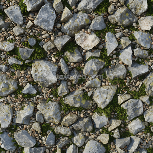 Seamless 3D PBR Texture of Moss-Accented Rocky Ground with Pebbles