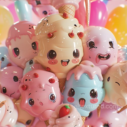 Inflated PBR Texture of Glossy Cartoon Ice Cream Cones with Cute Faces seamless Inflated PBR texture