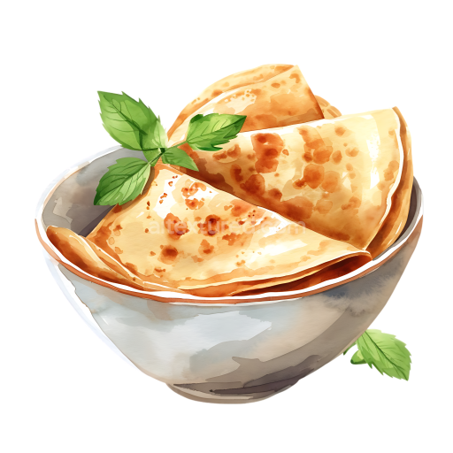 Breakfast Scene with Buckwheat Crepes in Bowl and Fresh Herbs Illustration
