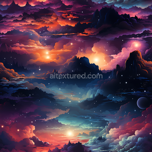 Seamless 3D Space PBR Texture Featuring Cosmic Nebula Clouds and Starfield