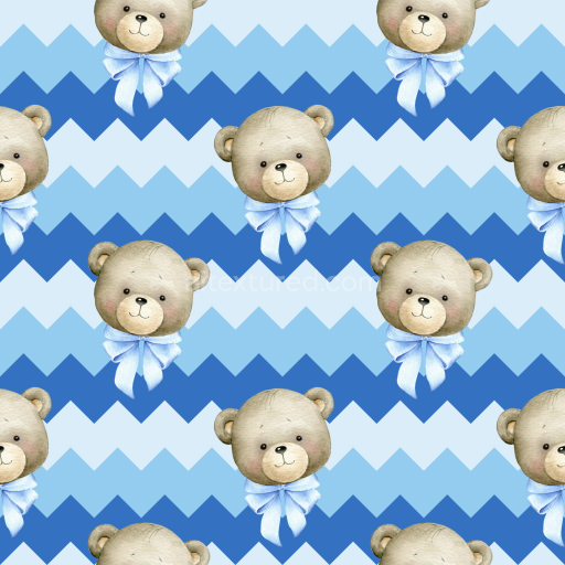 Seamless 3D PBR Texture of Baby Boy Teddy Heads with Blue Zigzag Pattern