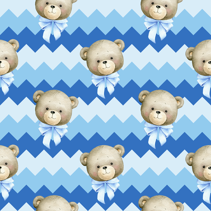 Baby Boy Teddy Heads with Blue Zigzag Pattern seamless PBR texture preview