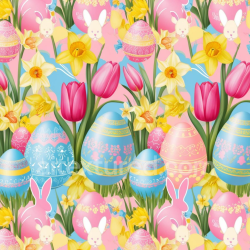 seamless Seamless 3D PBR Texture of Colorful Easter Digital Paper with Eggs, Tulips & Daffodils texture 8k free download PBR